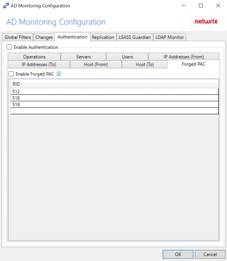 AD Monitoring Configuration - Authentication Tab