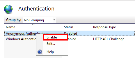 Context menu for enabling Anonymous Authentication in IIS