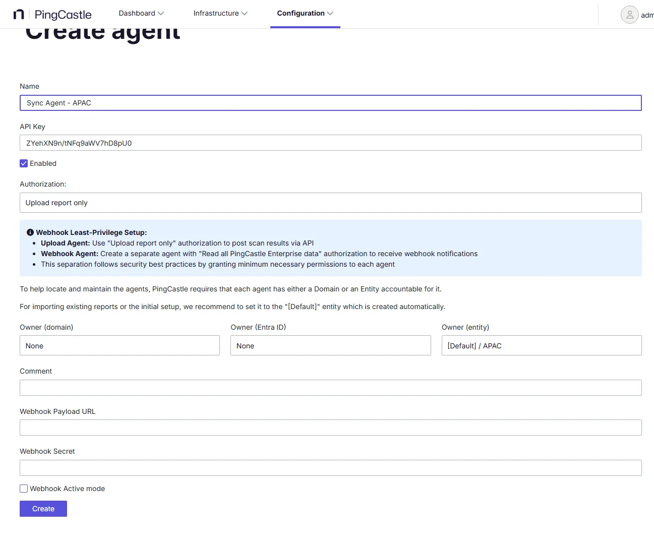 API key configuration showing Agent assignment to entity with synchronization rights