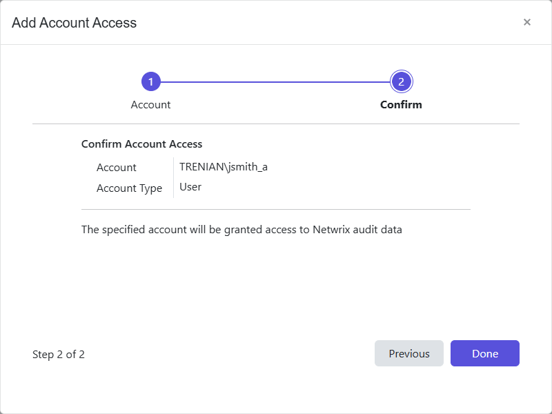 Add Account Access wizard - Confirm page