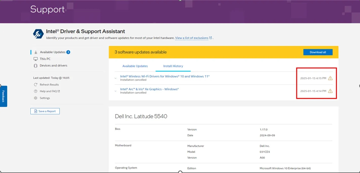 Intel Driver and Support Assistant Update error