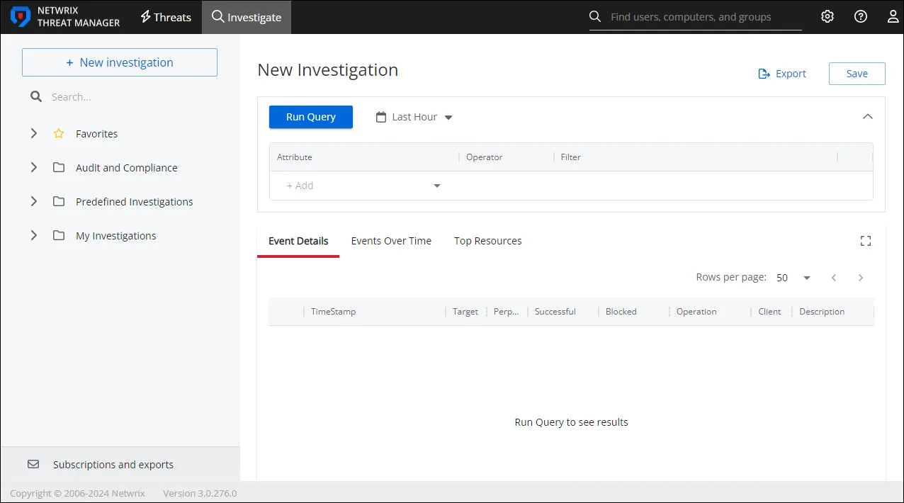 Investigations interface