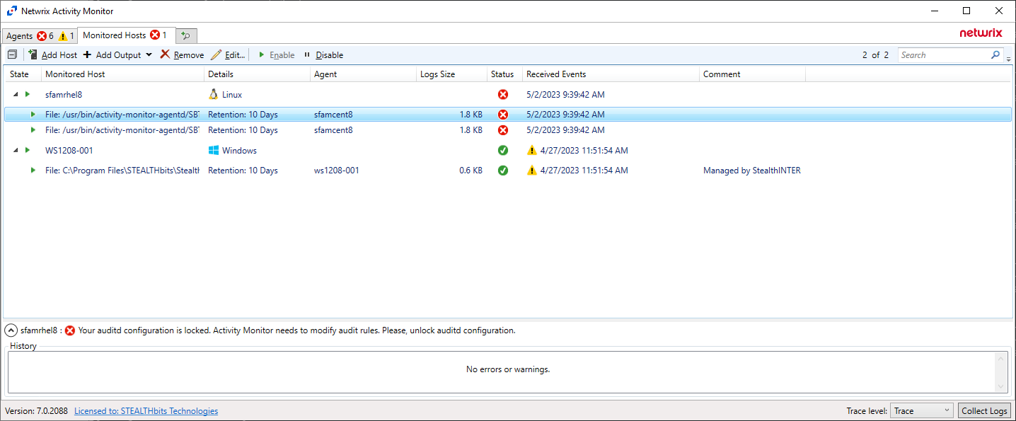 Figure 1: Auditd configuration lock error message