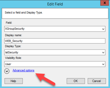 Edit Field dialog box with Advanced options link
