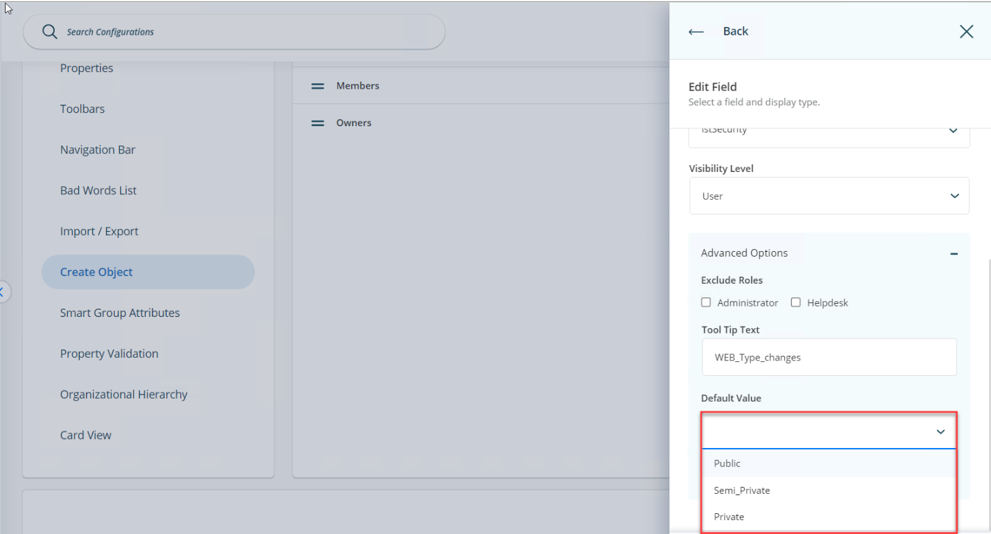 Default Value drop-down list with Semi_Private selected