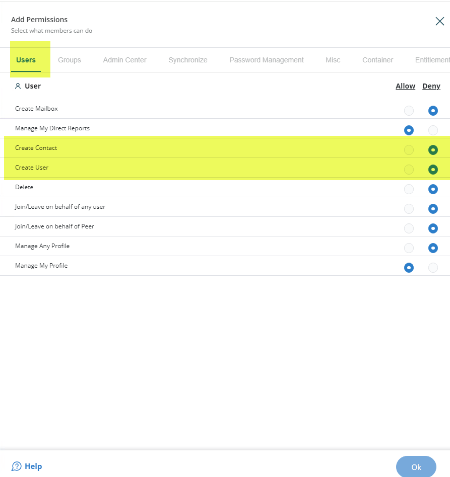Create permissions for object types in Directory Manager User portal