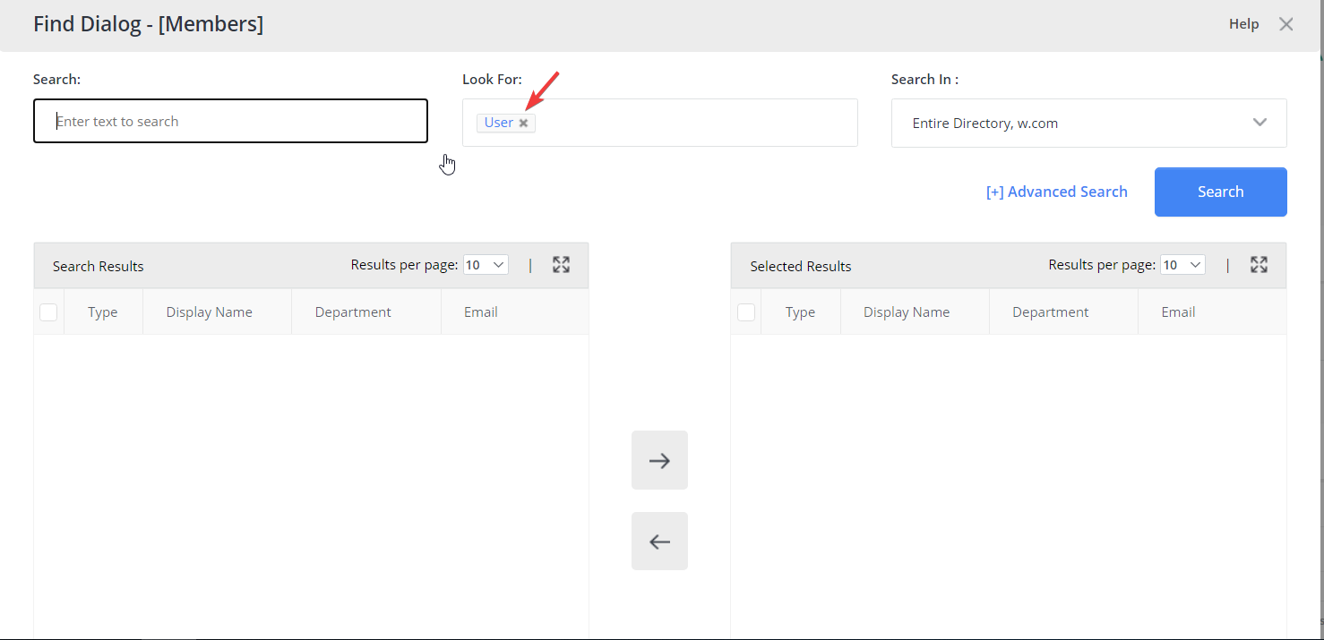 Find dialog box showing only User object type