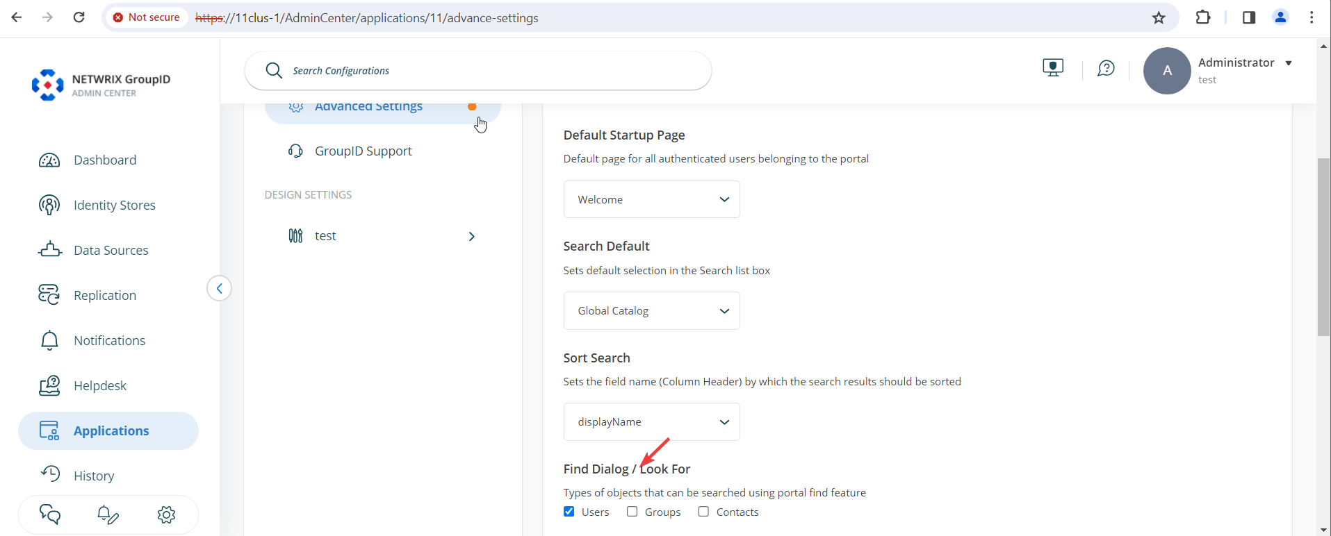 Advanced Settings with Find Dialogue / Look For options in Netwrix Directory Manager