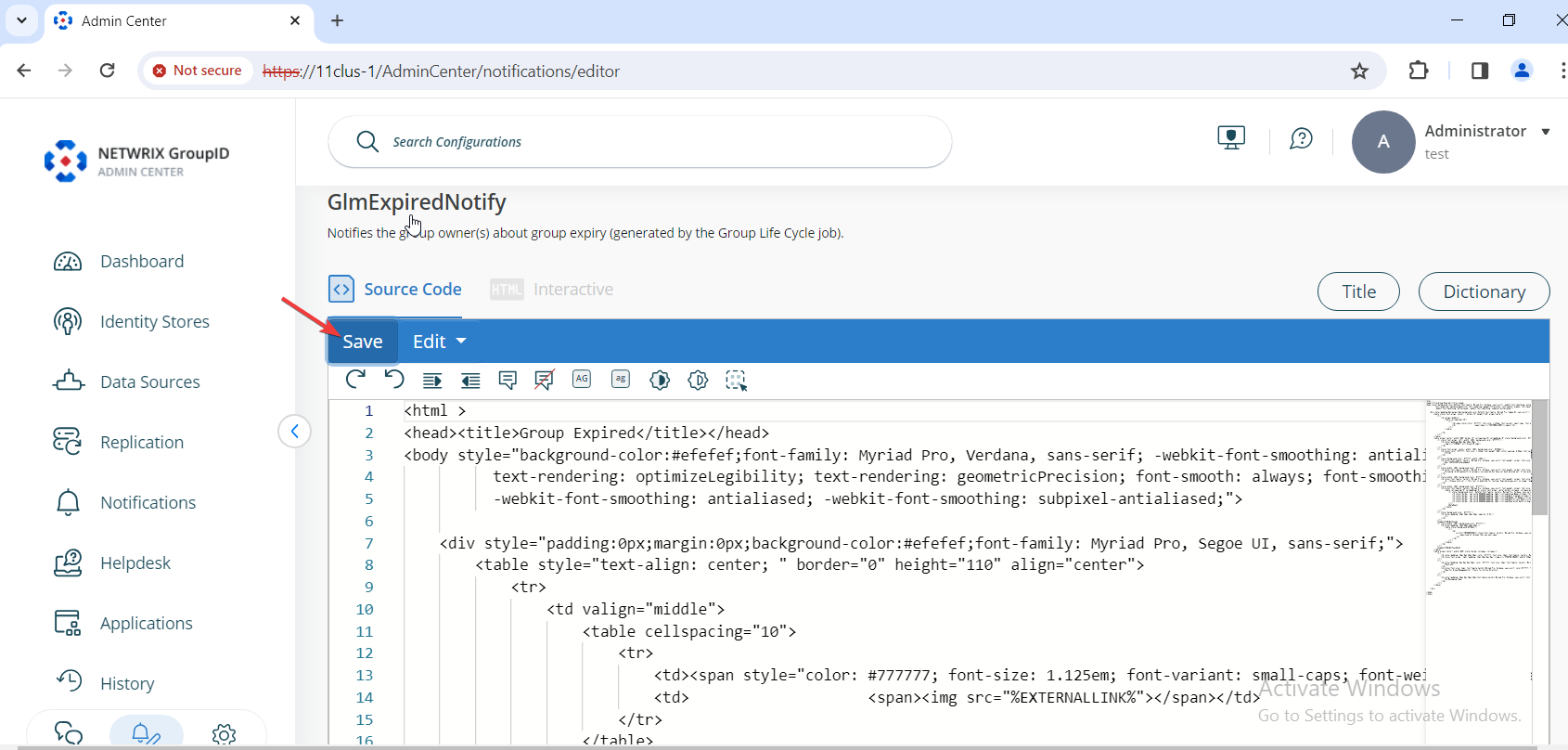 Save button in Source Code tab in Directory Manager