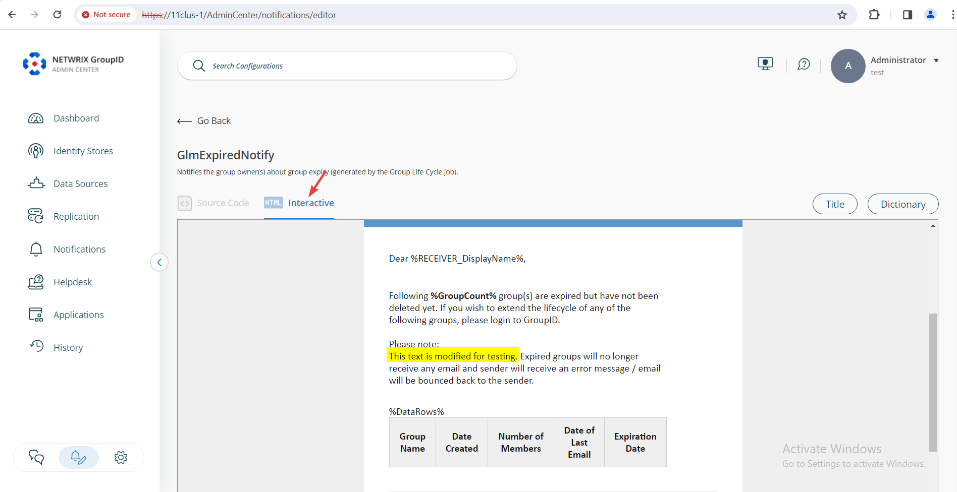 Interactive tab showing email preview in Directory Manager