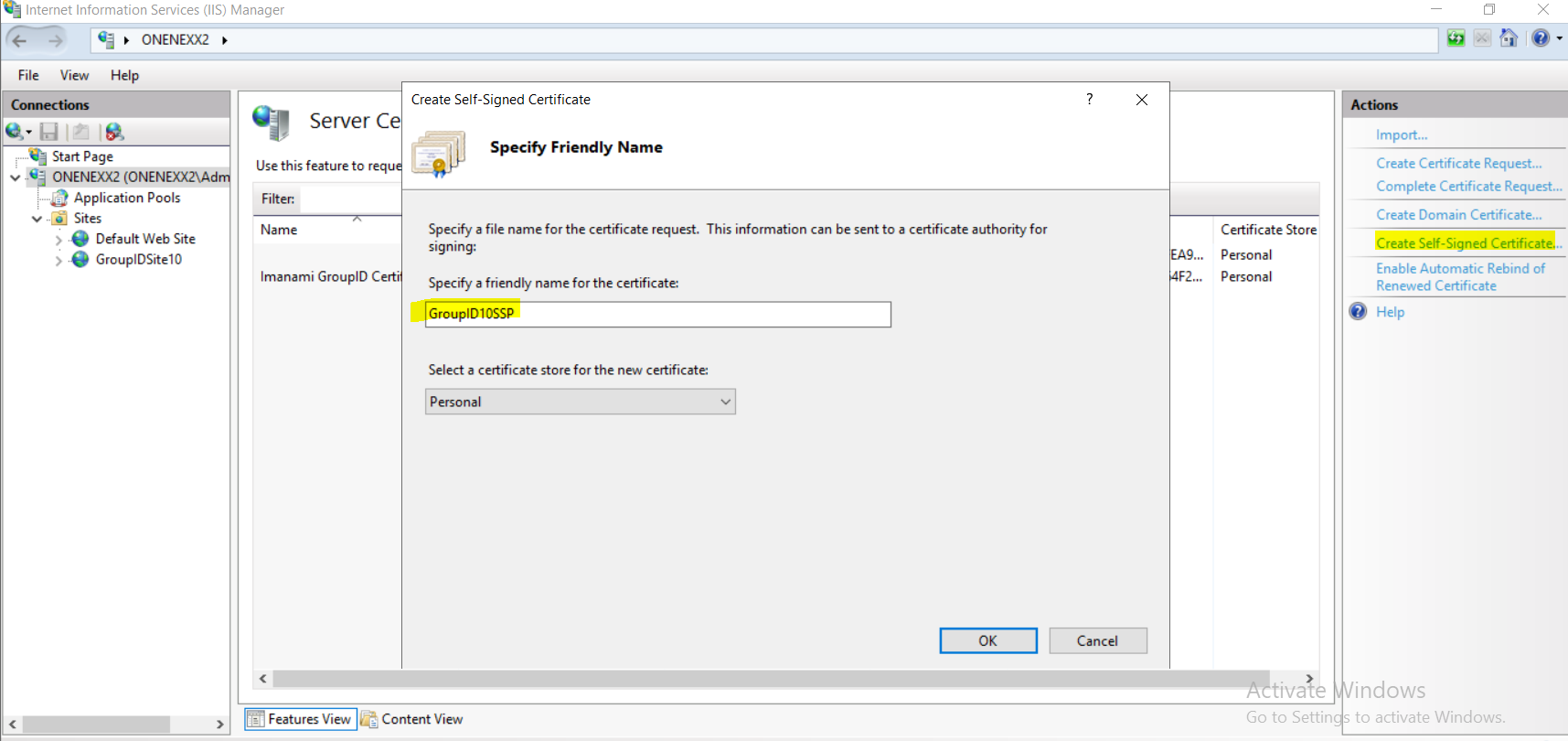 SSL certificate creation window