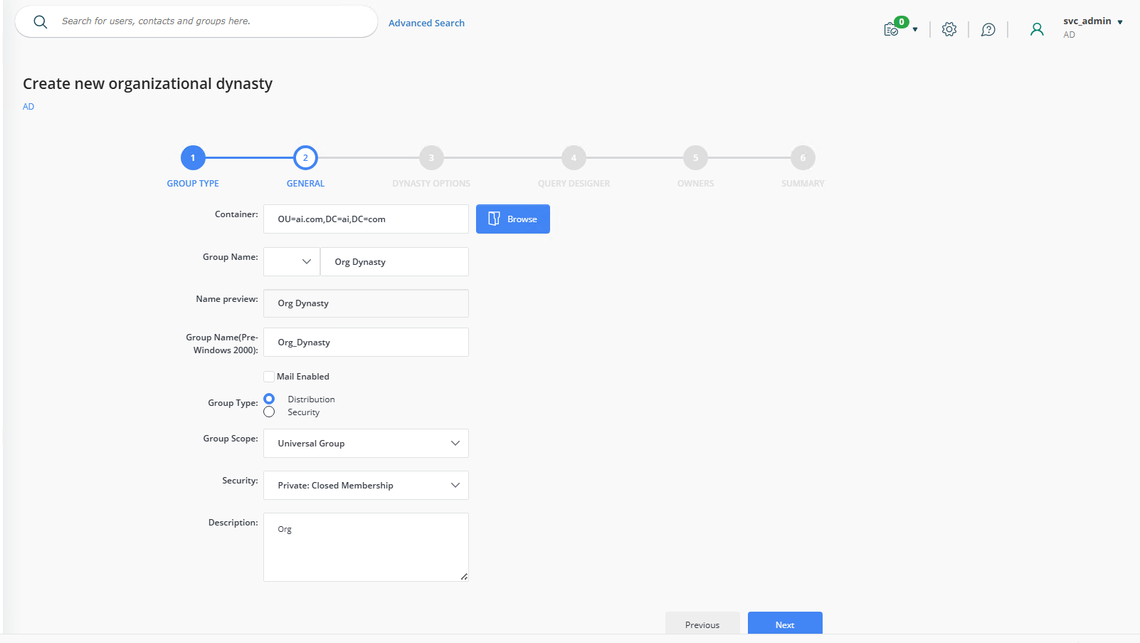 Group Options page