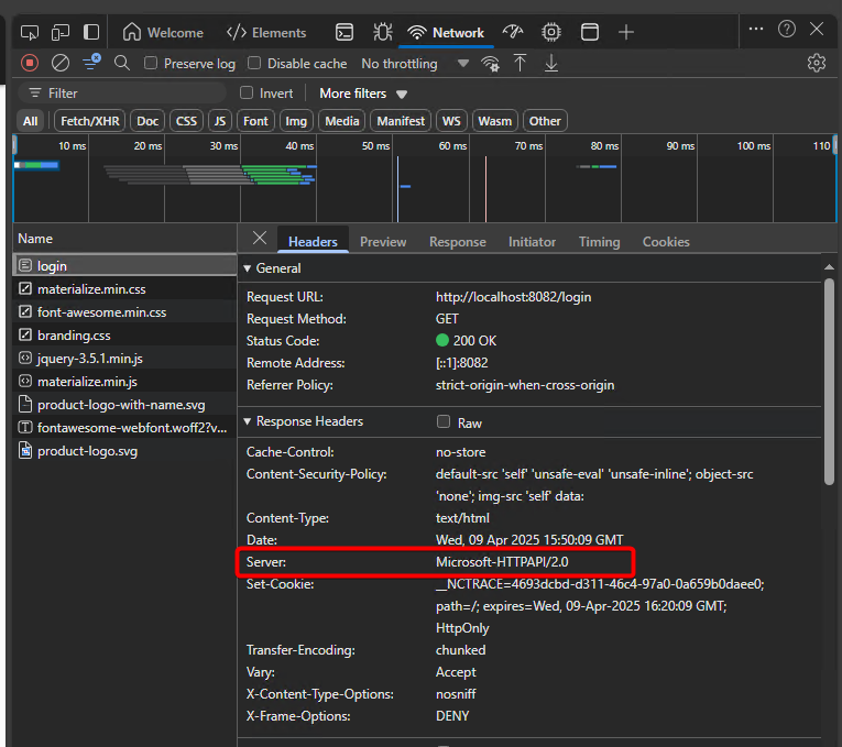 Screenshot showing server information revealed through banner grabbing