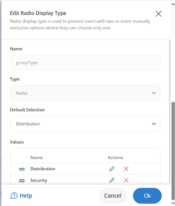 Edit Radio Display Type dialog