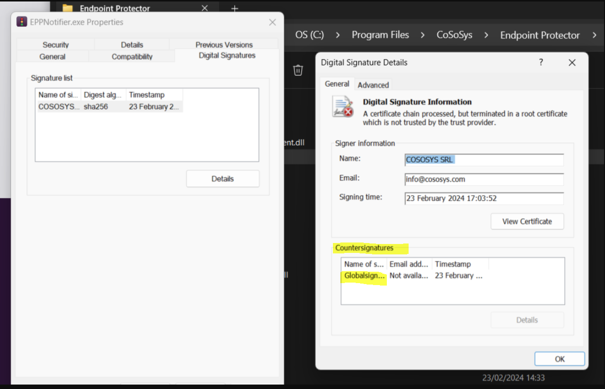 Viewing digital signature details for EPPNotifier.exe
