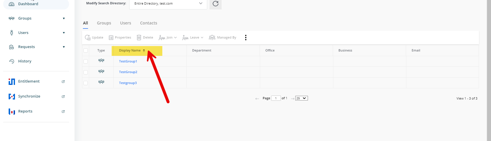 Group listing in Directory Manager portal with Display Name column sorted in ascending order