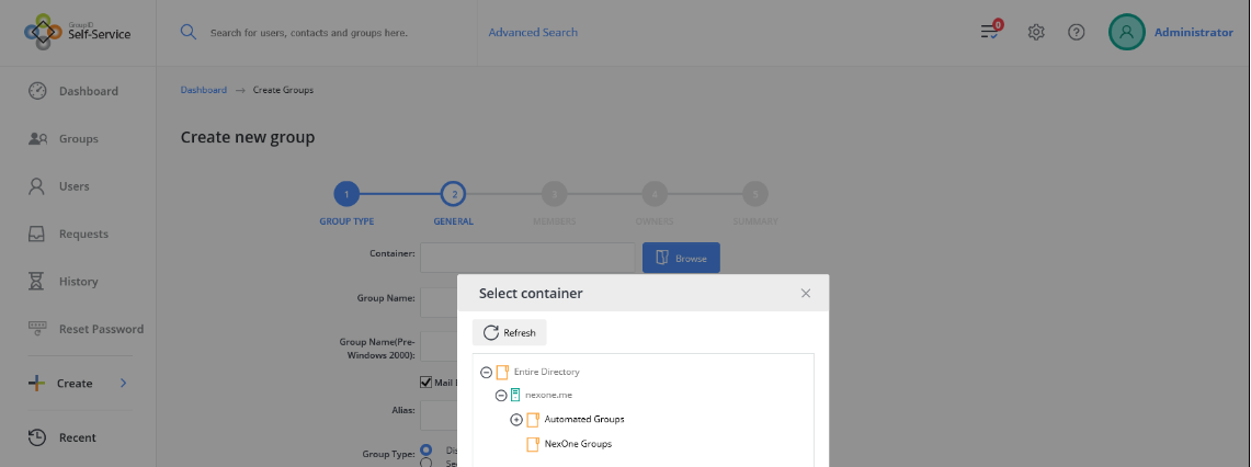 OU selection in Self-Service Create Group wizard