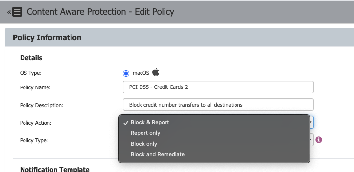 Block and Remediate option in Content Aware Protection Policy
