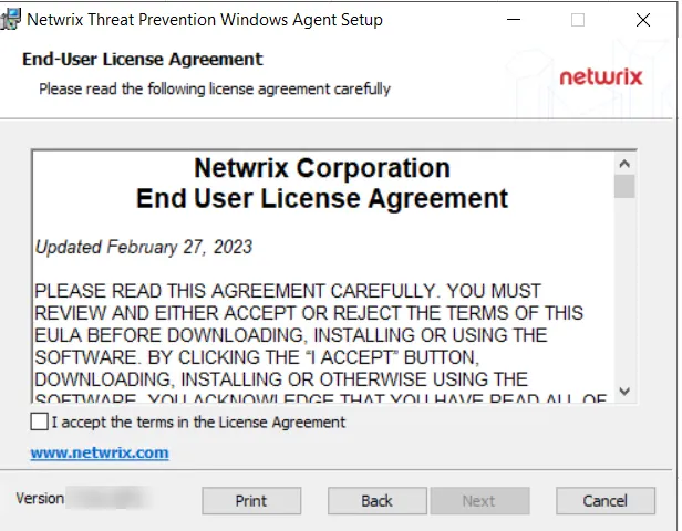 Threat Prevention Windows Agent Setup wizard - End-User License Agreement page
