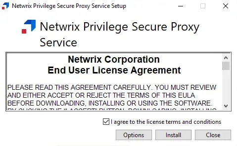 Netwrix Privileged Secure Proxy Service Setup wizard on the EULA page
