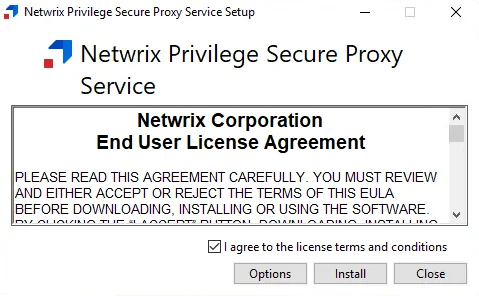 Netwrix Privileged Secure Proxy Service Setup wizard on the EULA page