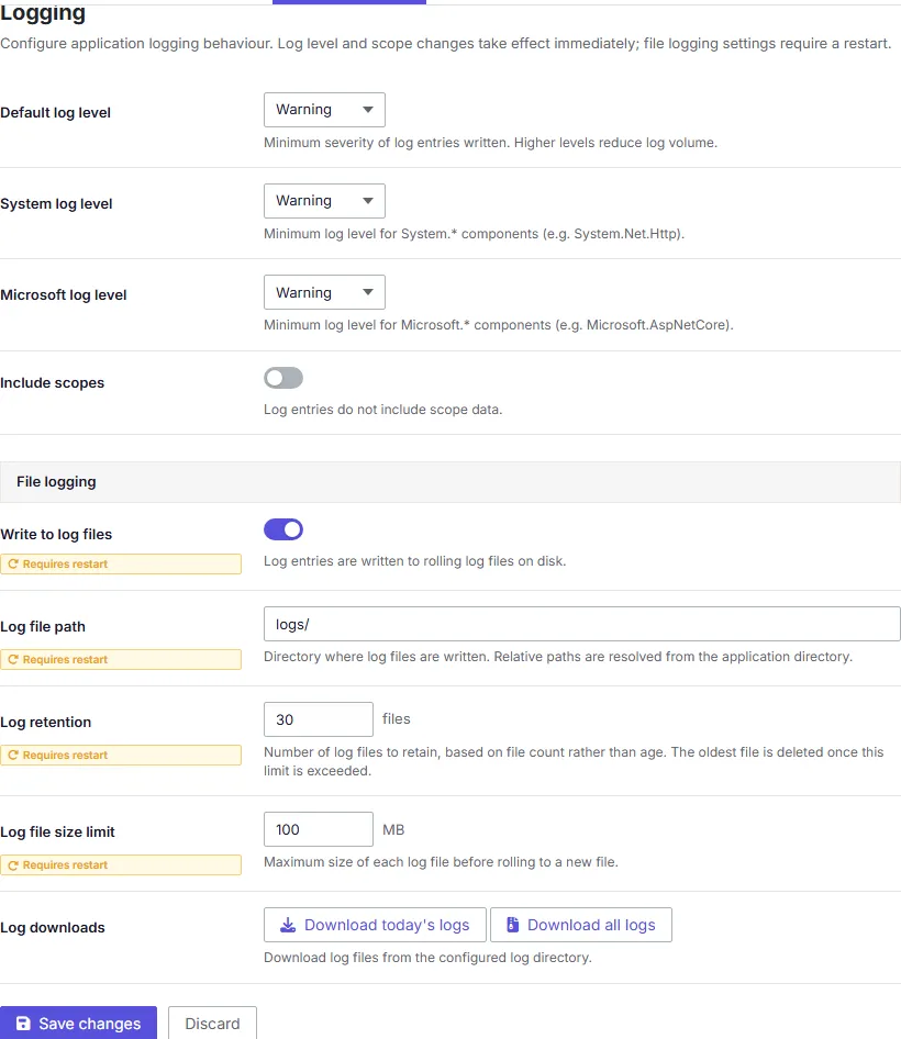 A screenshot of the Logging settings tab, showing log level fields, file logging options, and log download buttons.