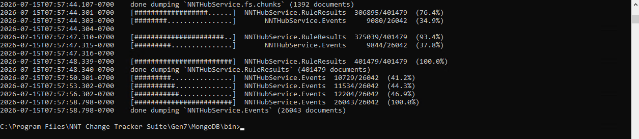 Second part of the mongodump command output