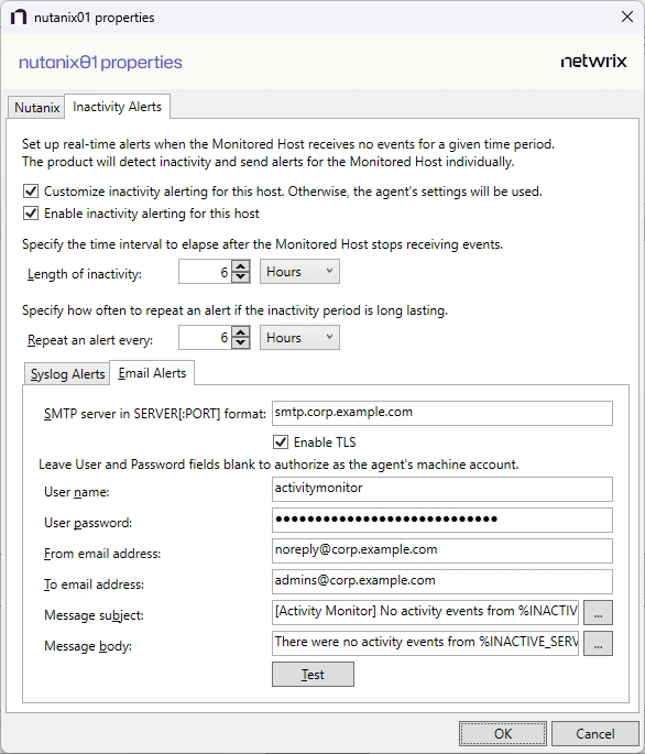 Monitored Host Inactivity Alerts Email Credentials Page