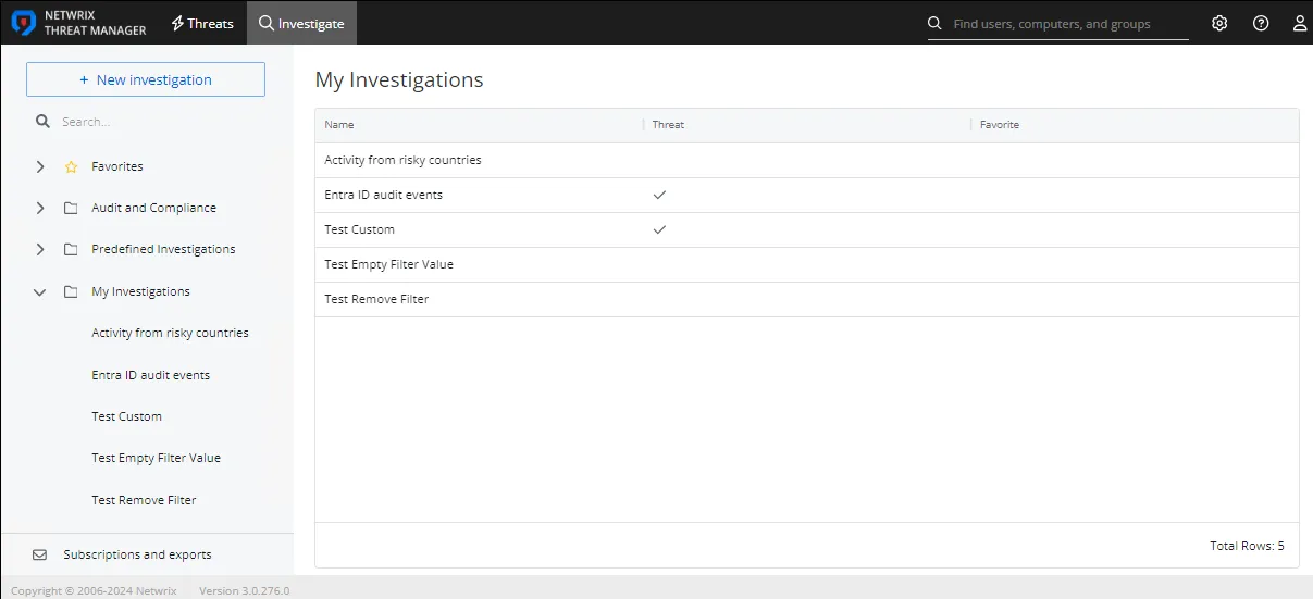 Investigations interface on the My Investigations page