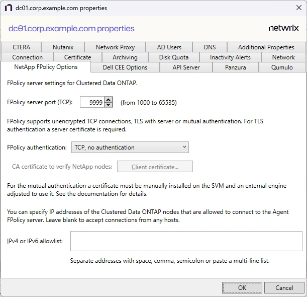 Agent Properties - NetApp FPolicy Options page