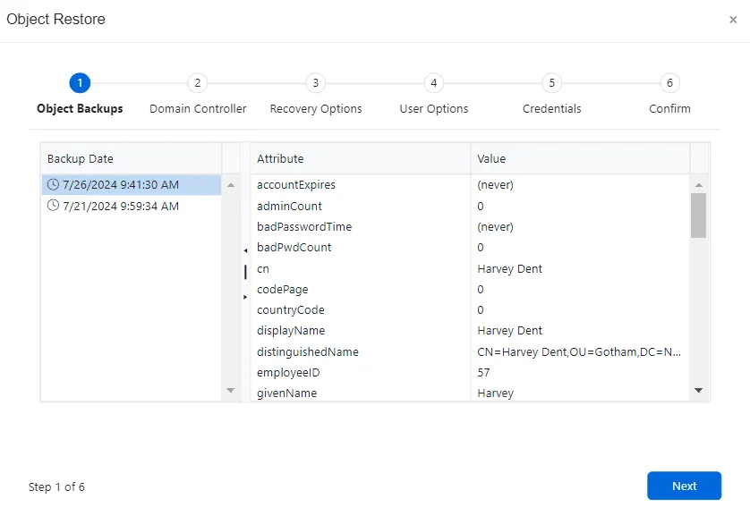 Object Restore wizard - Object Backups page
