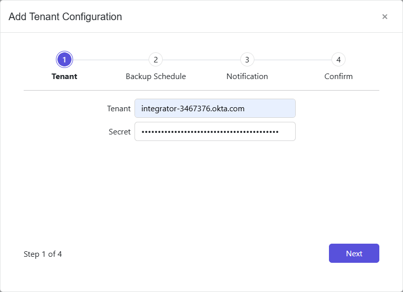 Add Tenant Configuration wizard - Okta page
