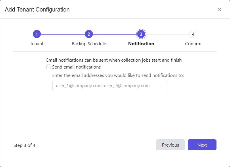 Add Tenant Configuration wizard - Notifications page
