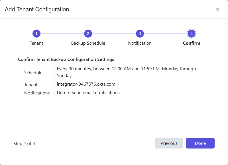 Add Tenant Configuration wizard - Confirm page