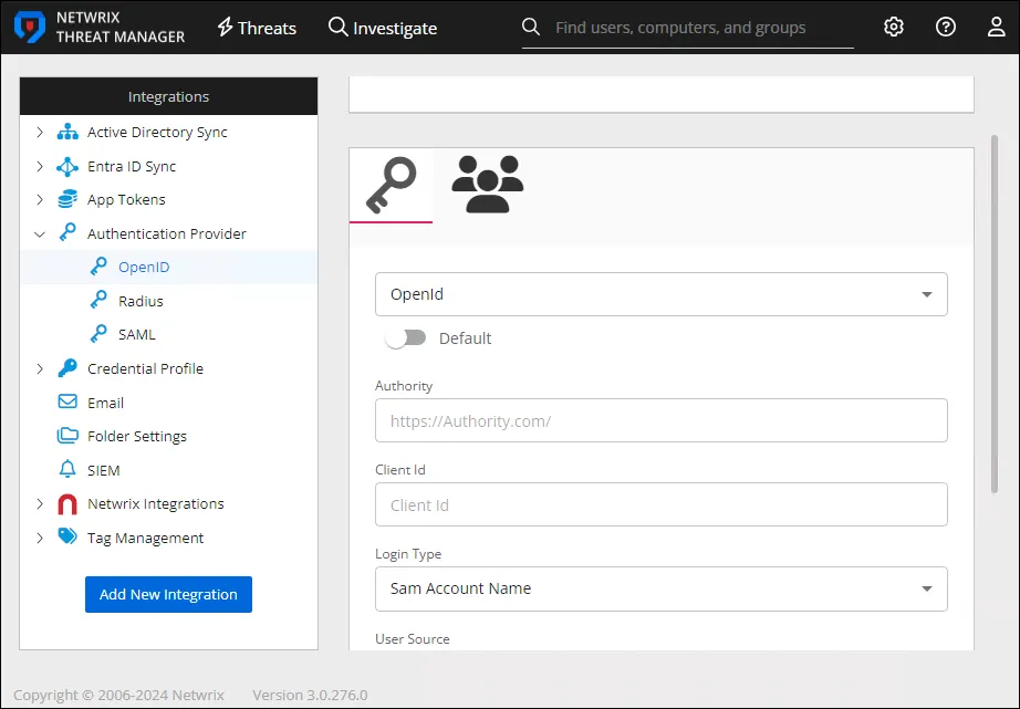 Integrations interface displaying the details for an OpenID authneication provider