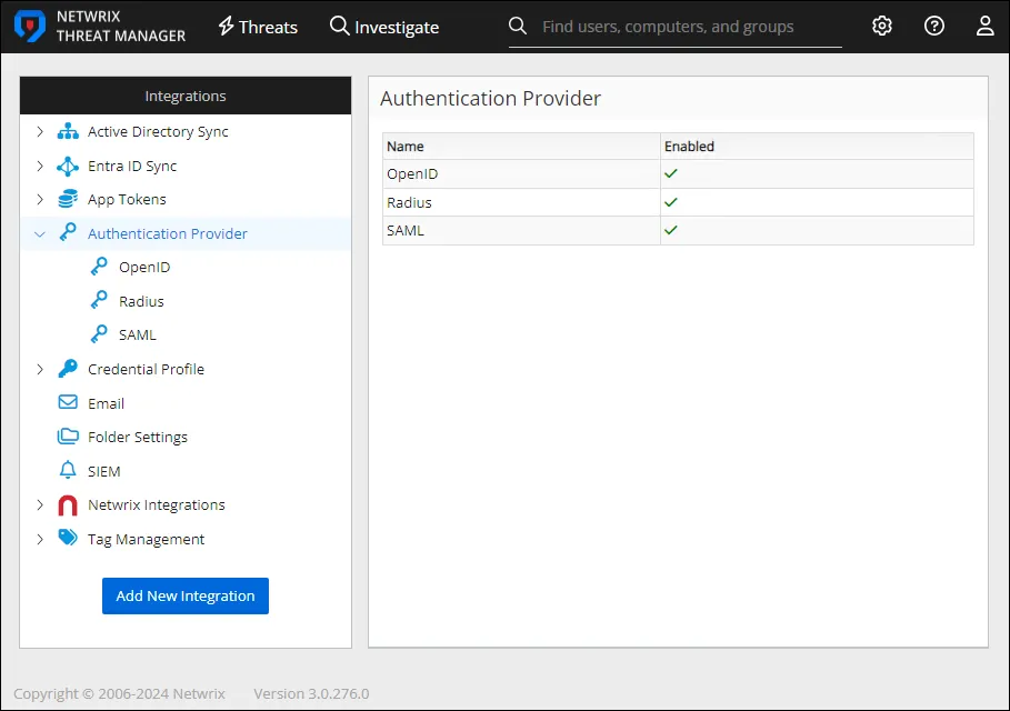 Integrations interface on the Authentication Provider page