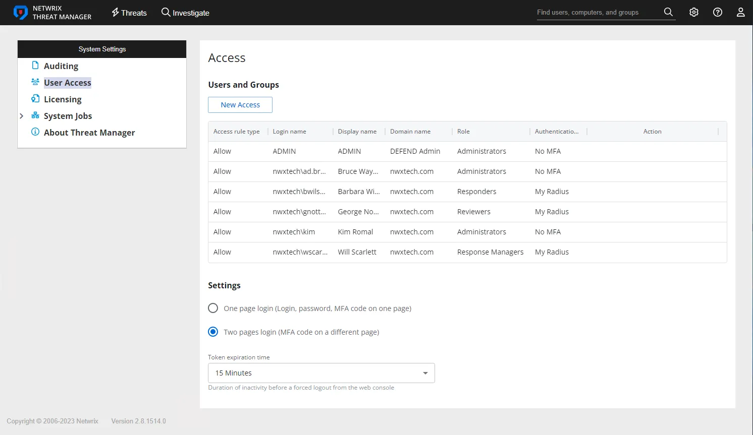 System Settings interface on the User Access page