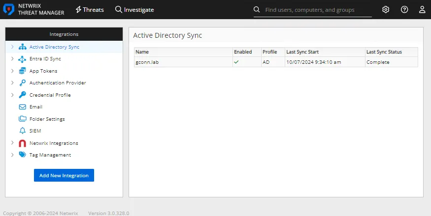 Integrations interface on the Active Directory Sync page