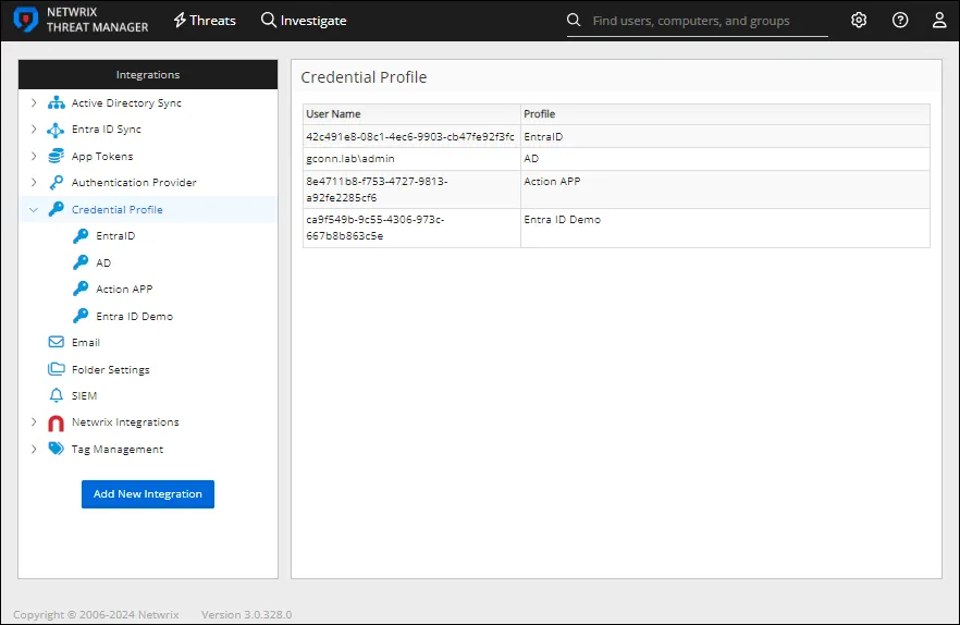 Integrations interface on the Credential Profile page