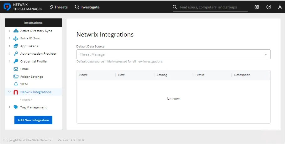 Integrations interface on the Netwrix Integration page
