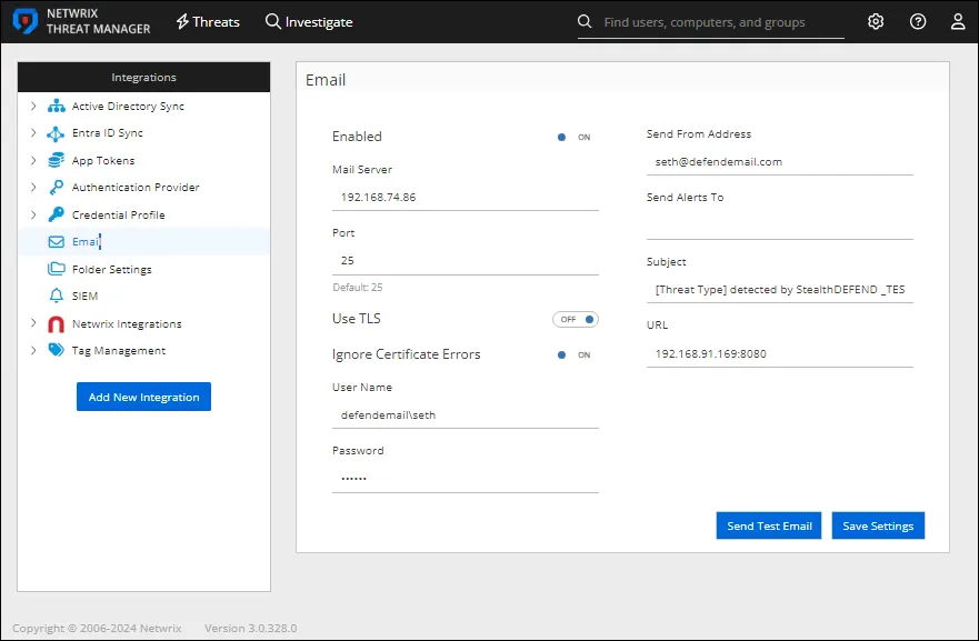 Integrations interface on the Email page