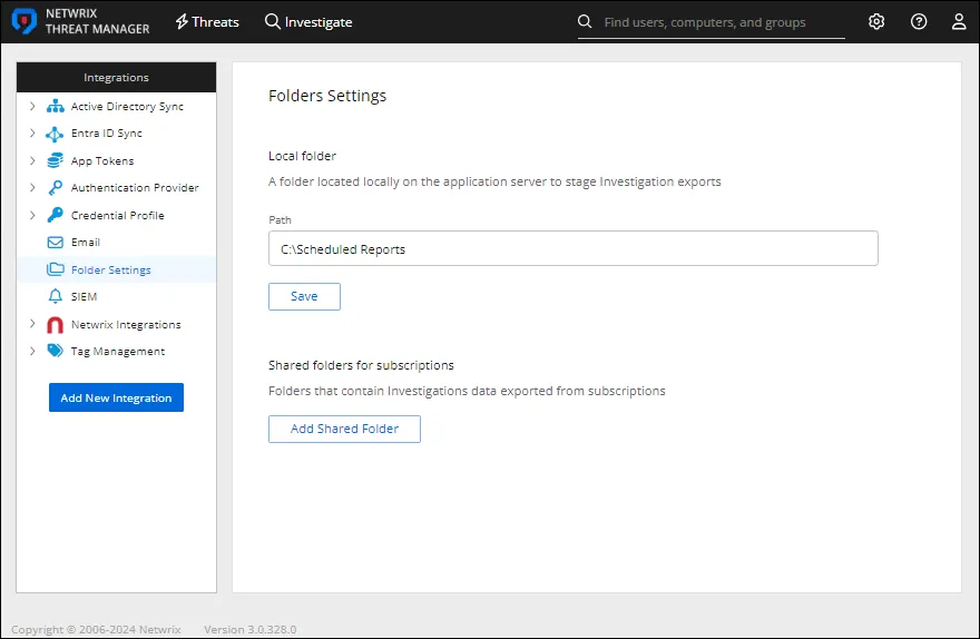 Integrations interface on the Folder Settings page