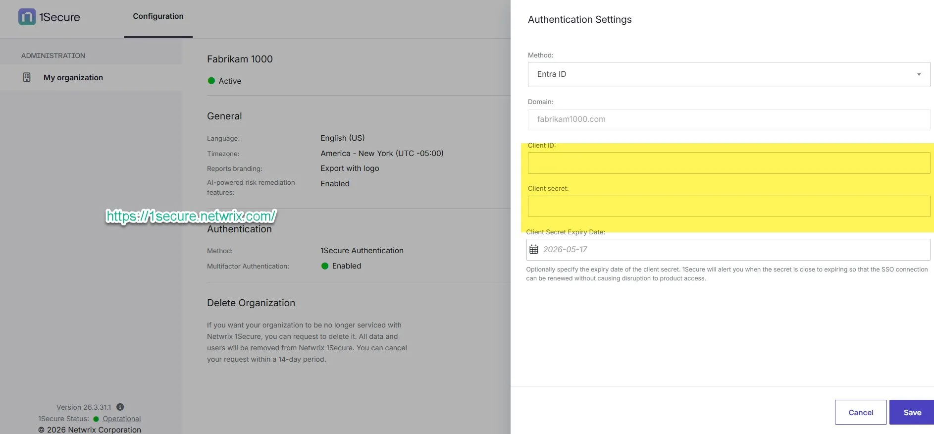 Authentication Settings in Netwrix 1Secure with Client ID and Client Secret fields highlighted