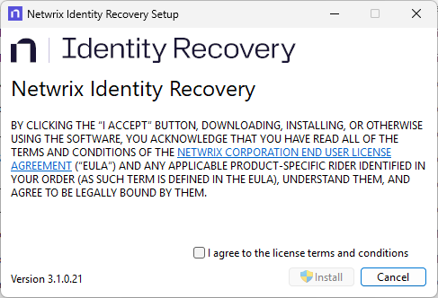 Recovery for Active Directory Setup wizard - Initial EULA page