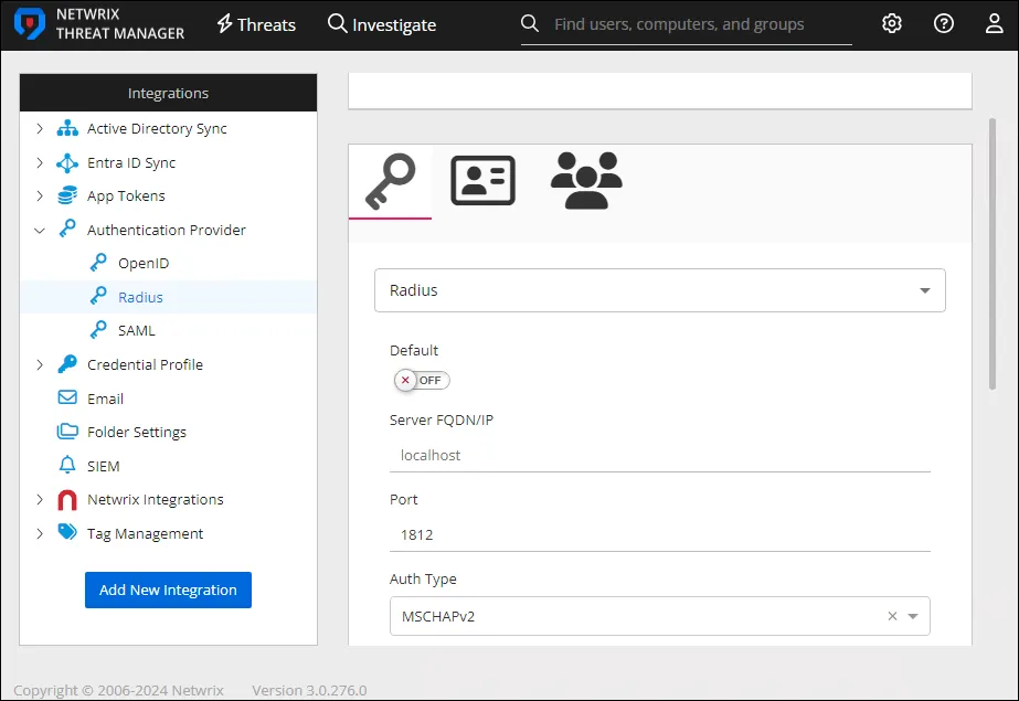 Integrations interface displaying the details for a Radius authneication provider