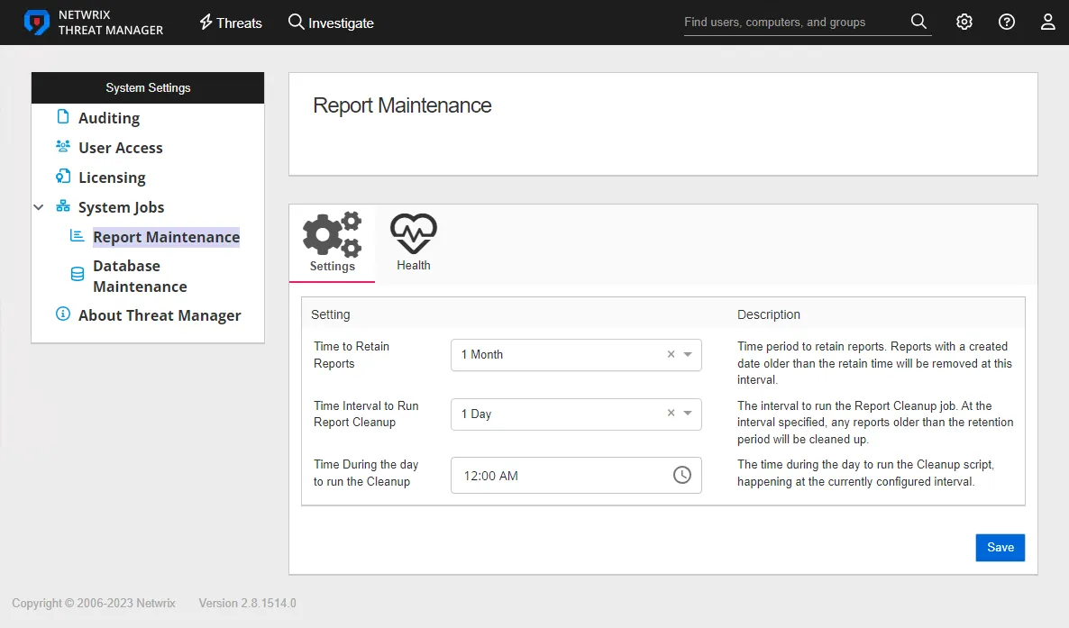 System Settings interface on the System Jobs page showing the Report Maintenance job Settings tab