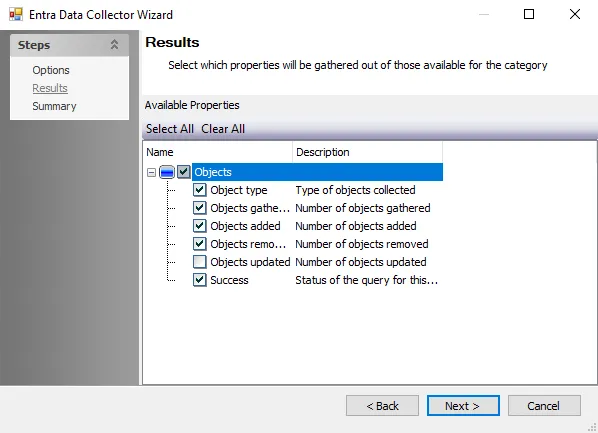 Results page of the Entra Data Collector Wizard