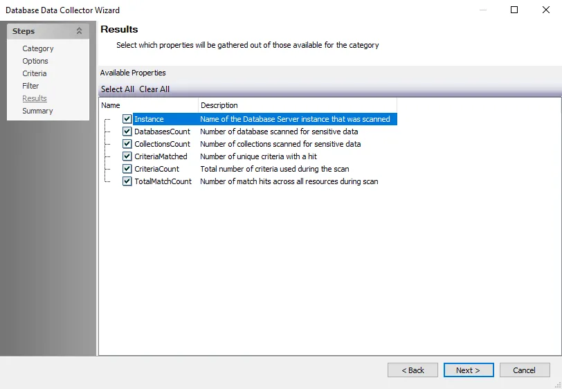 NoSQL Data Collector Wizard Results page