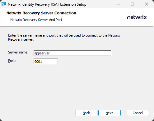 RSAT Extension Installation Wizard - Netwrix Recovery Server Connection page