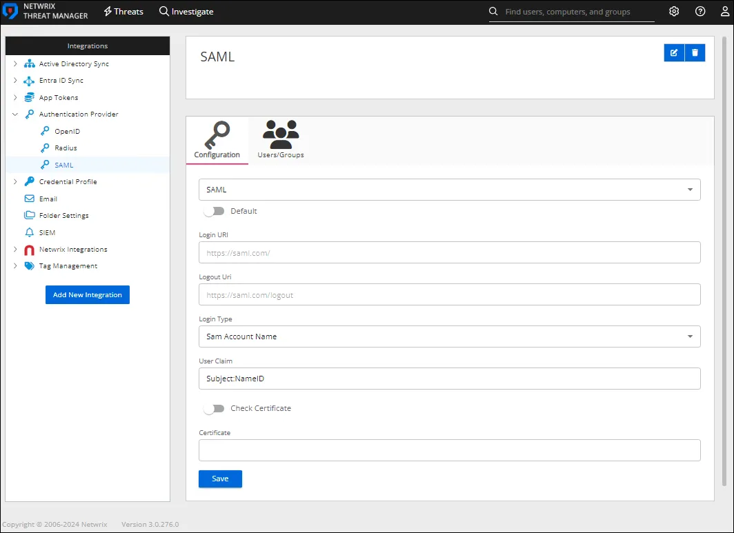 Integrations interface displaying the details for a SAML authneication provider